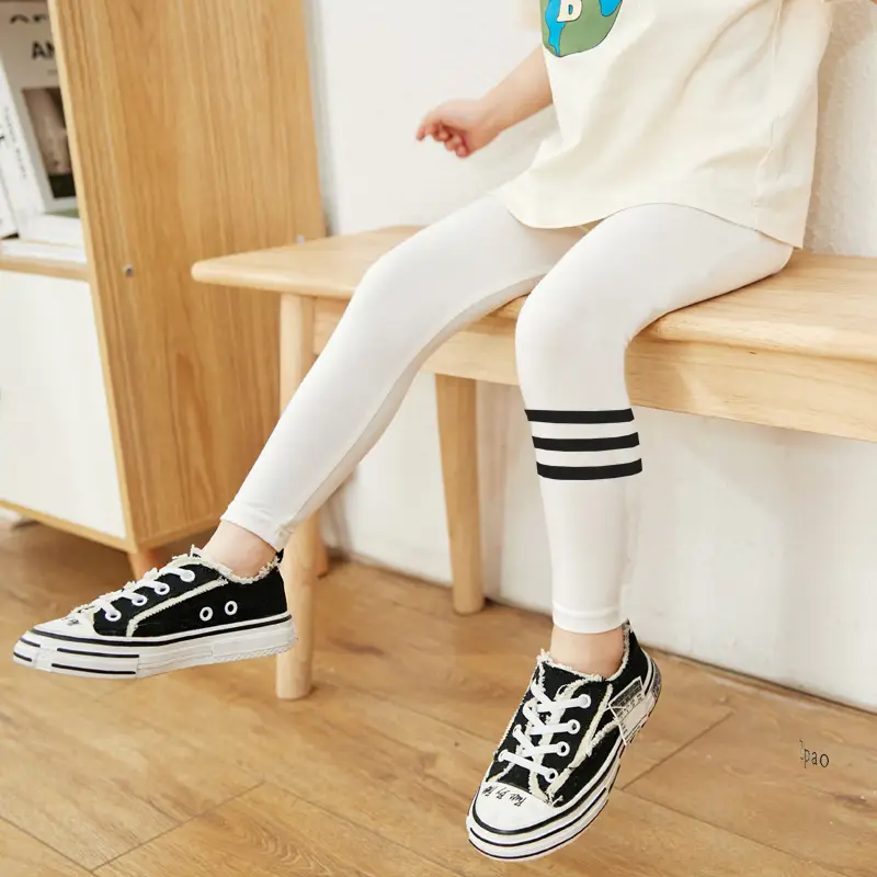 Girls White Stripe Leggings Cropped Casual Pants Medium Small