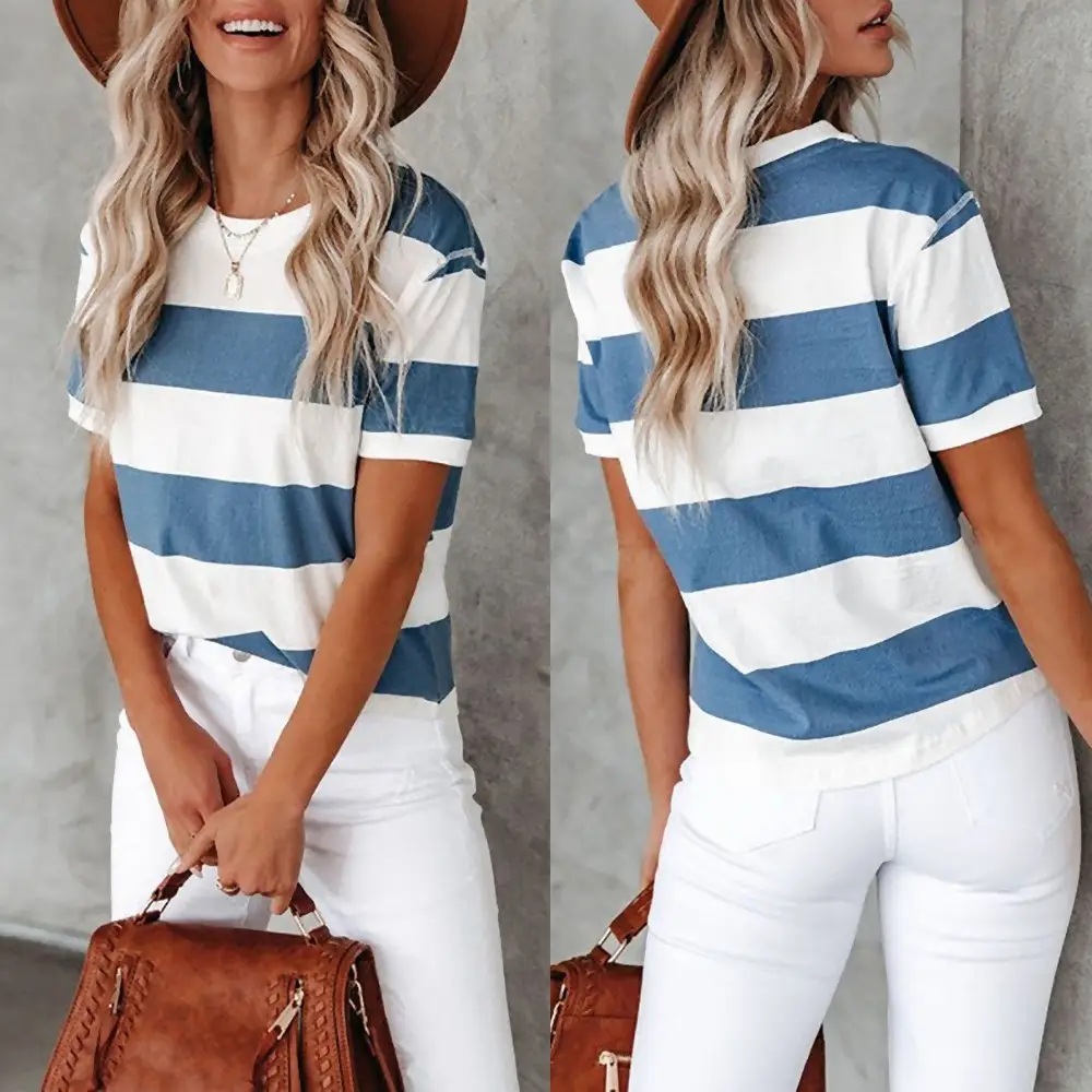 Women Blue White Stripe Round Neck T-Shirt Short Sleeve Casual Wear - Image 2