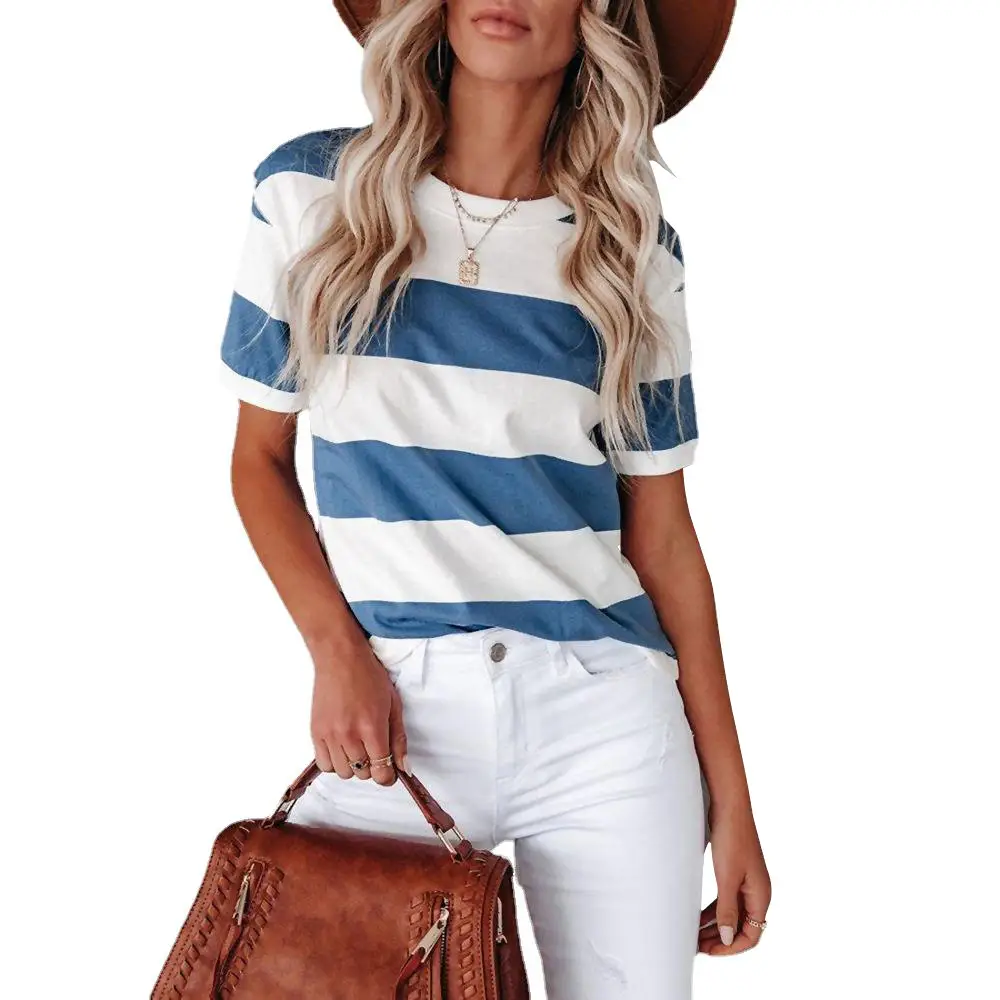 Women Blue White Stripe Round Neck T-Shirt Short Sleeve Casual Wear - Image 6