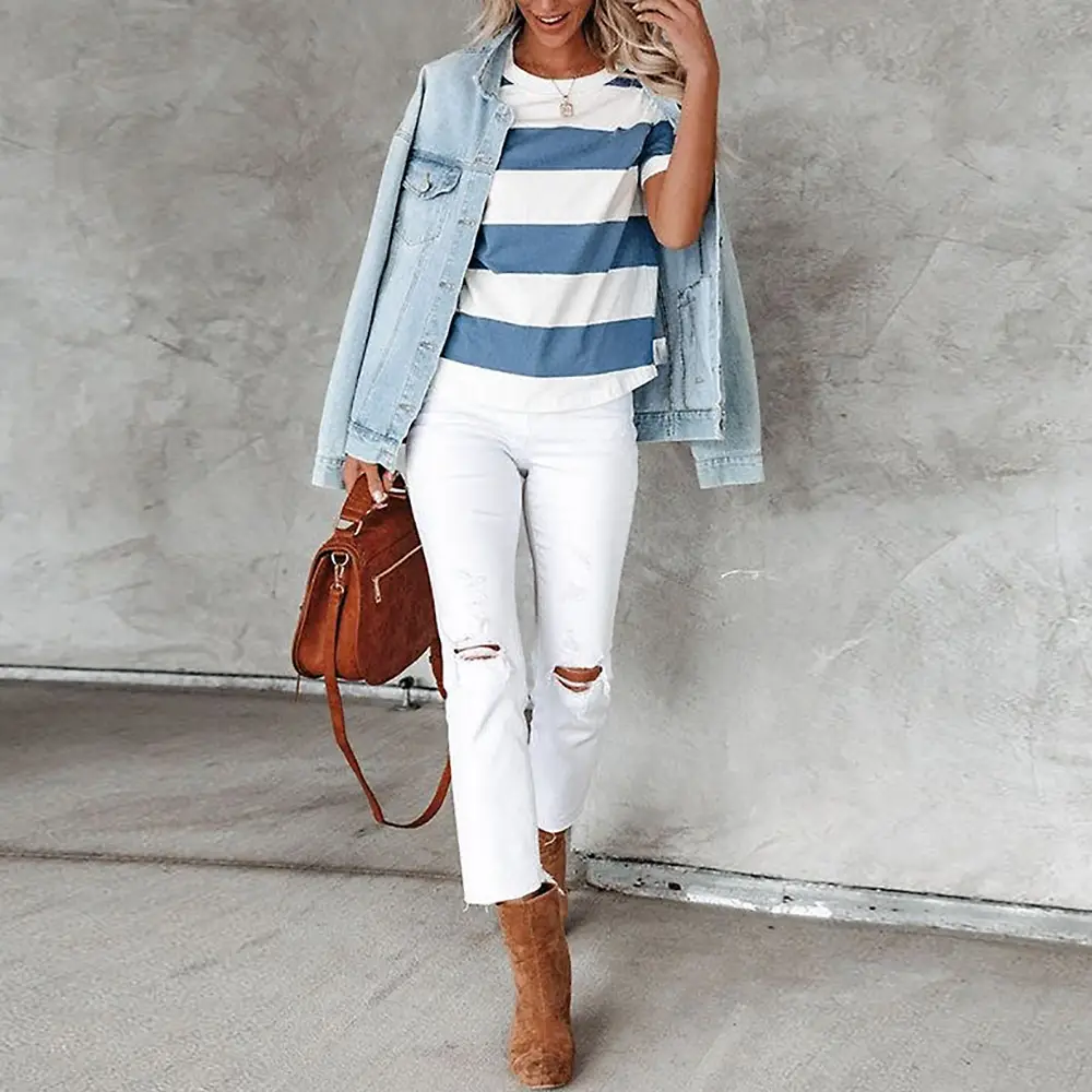 Women Blue White Stripe Round Neck T-Shirt Short Sleeve Casual Wear — feature 10