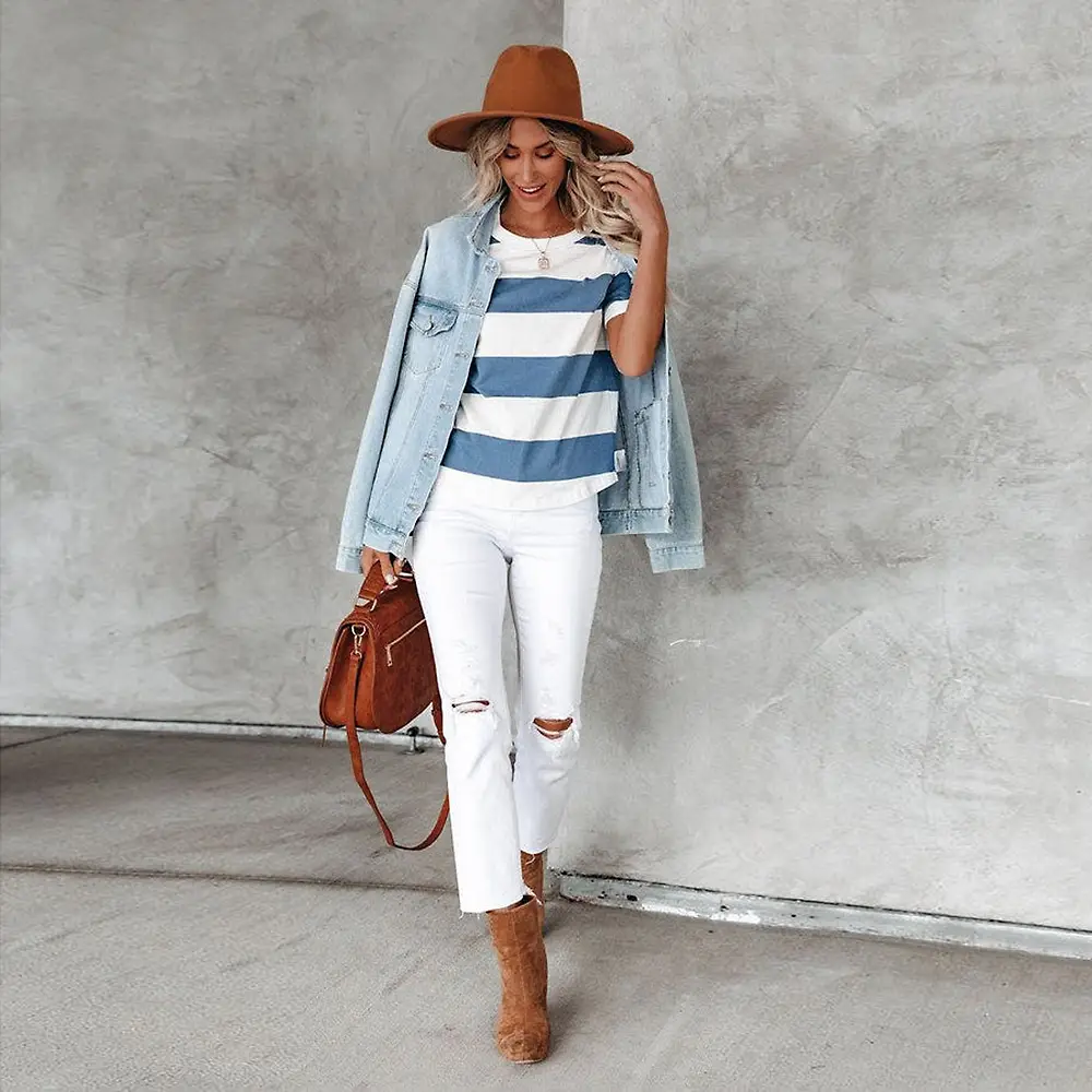 Women Blue White Stripe Round Neck T-Shirt Short Sleeve Casual Wear — feature 13