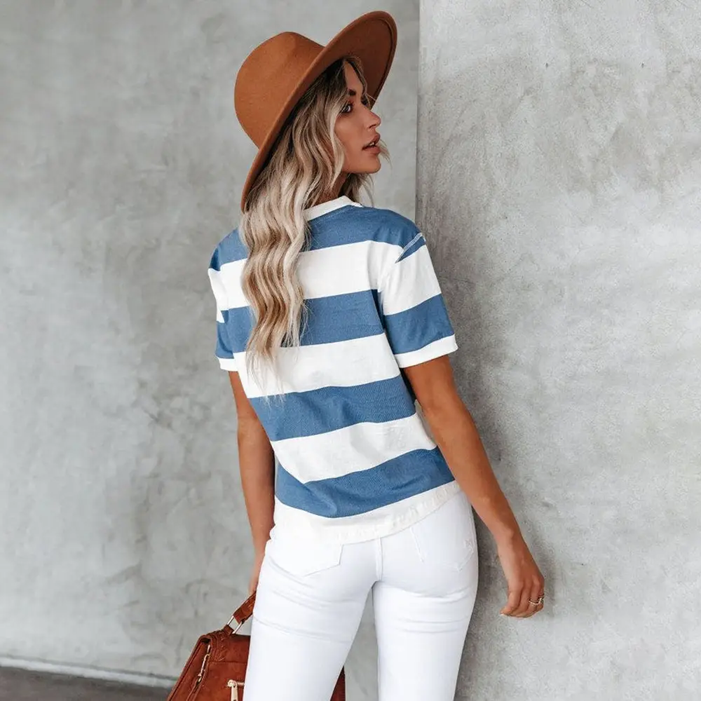 Women Blue White Stripe Round Neck T-Shirt Short Sleeve Casual Wear — feature 14