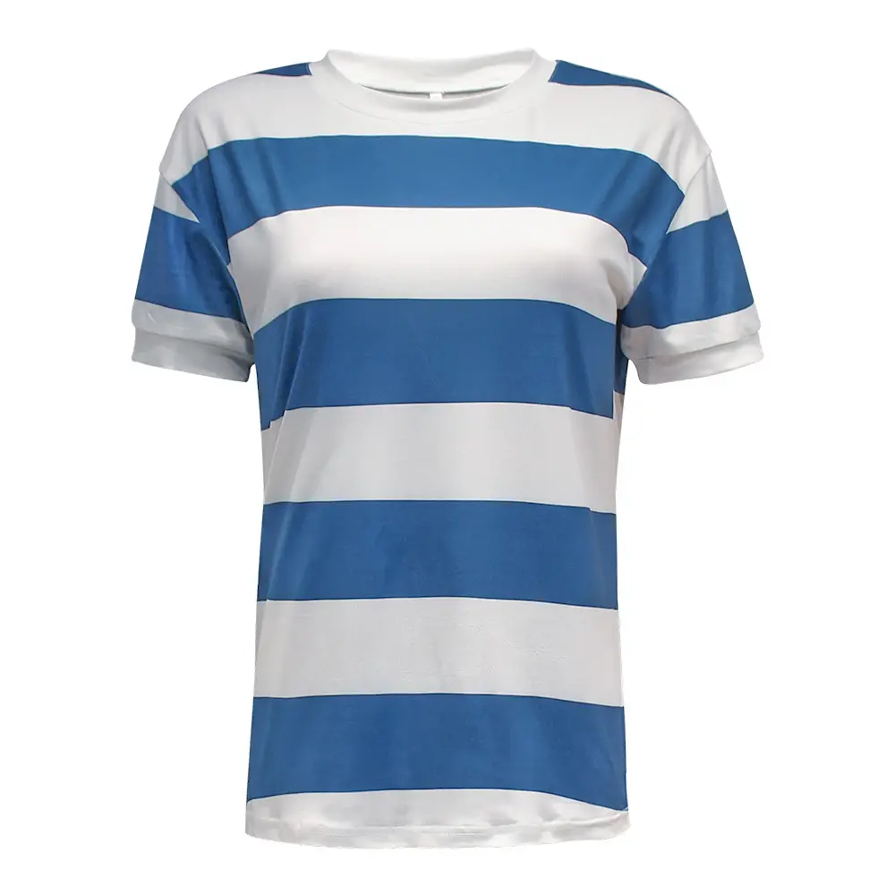 Women Blue White Stripe Round Neck T-Shirt Short Sleeve Casual Wear — feature 16