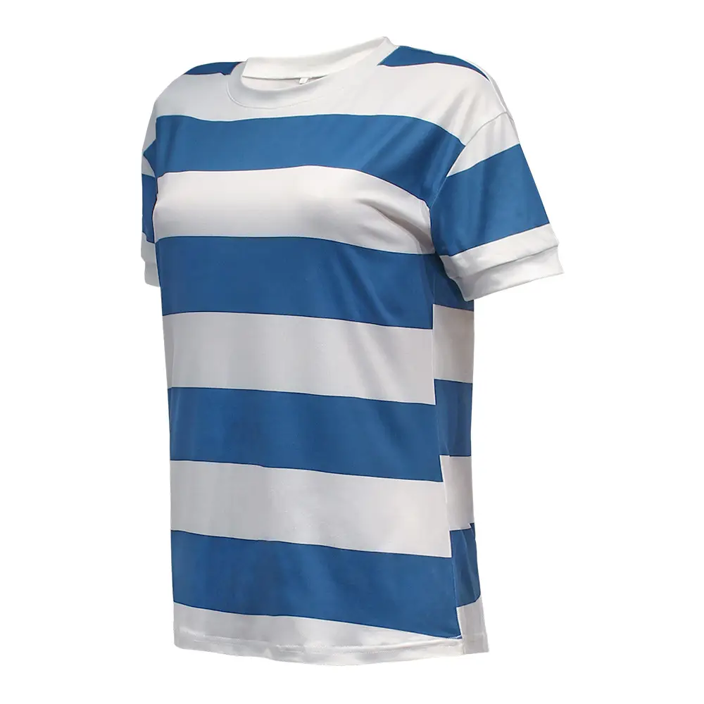 Women Blue White Stripe Round Neck T-Shirt Short Sleeve Casual Wear — feature 17
