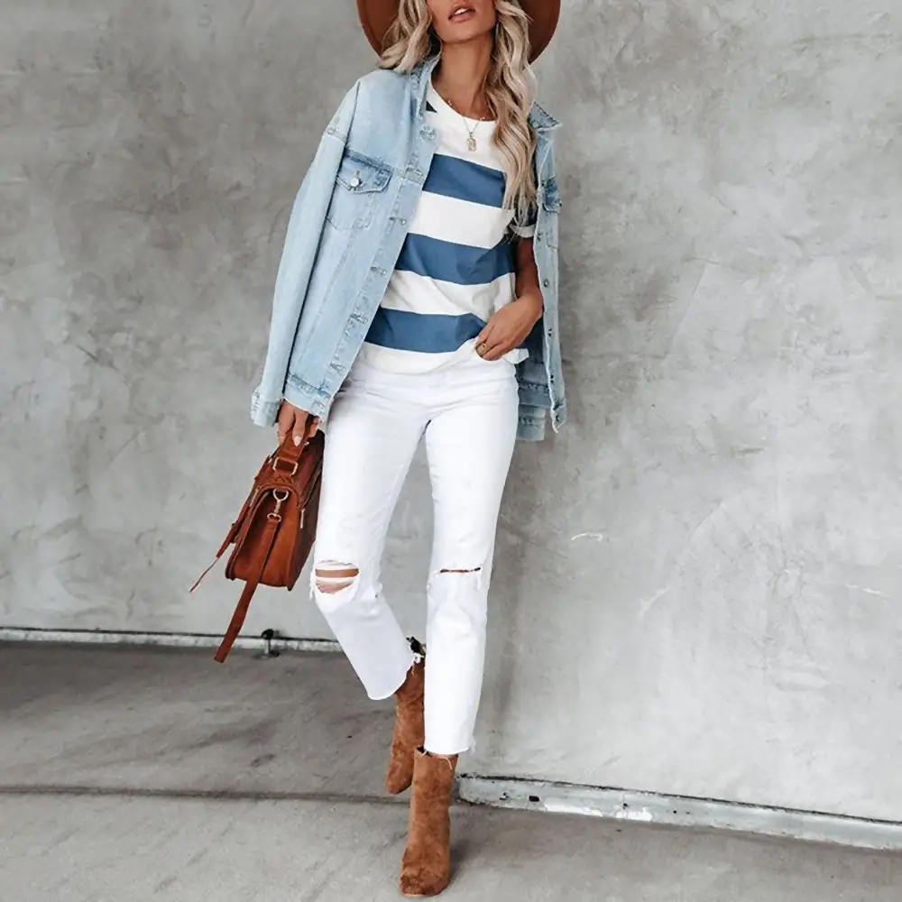 Women Blue White Stripe Round Neck T-Shirt Short Sleeve Casual Wear — feature 8