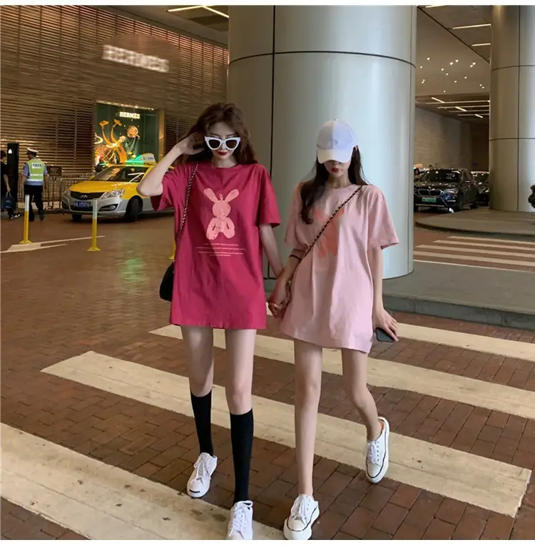 Women Korean Style Pink T-Shirt Short Sleeve Loose Fit 2022 — feature 2