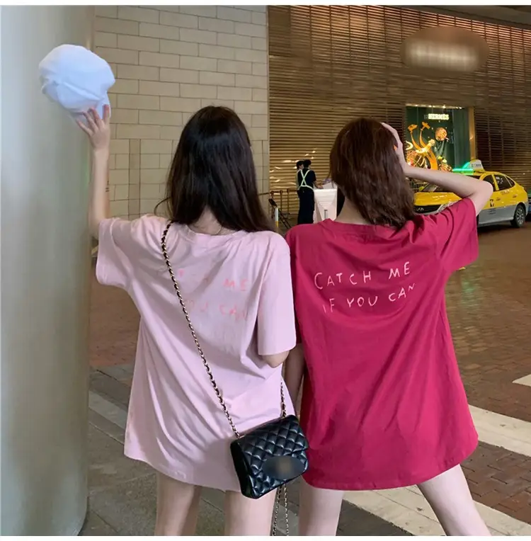 Women Korean Style Pink T-Shirt Short Sleeve Loose Fit 2022 — feature 3