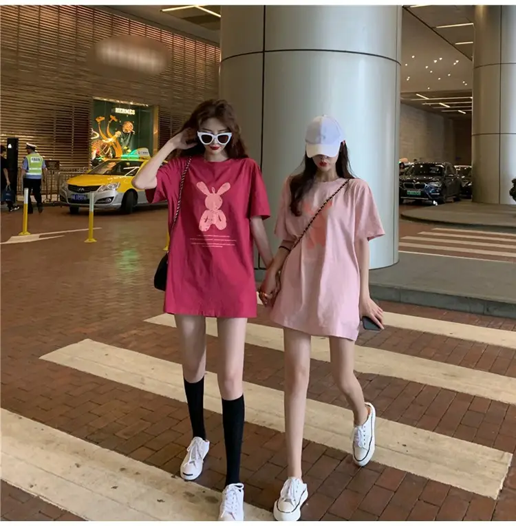 Women Korean Style Pink T-Shirt Short Sleeve Loose Fit 2022 — feature 4