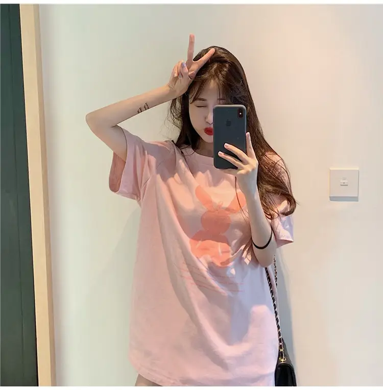 Women Korean Style Pink T-Shirt Short Sleeve Loose Fit 2022 — feature 6