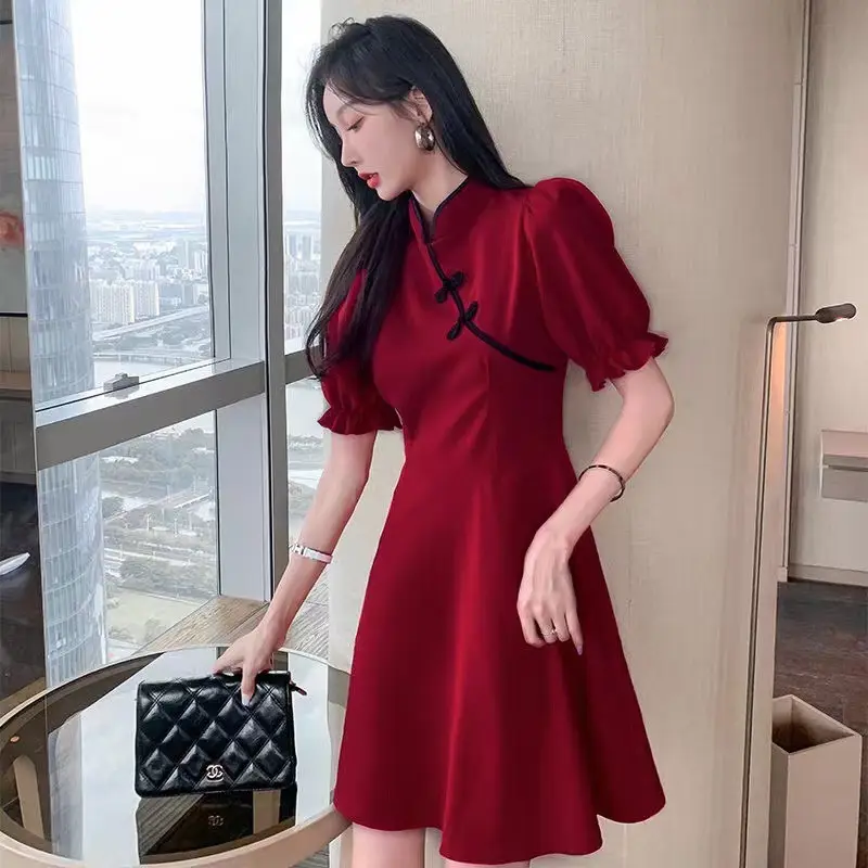 Black Cheongsam Dress Women Mid-Length Slimming Skirt Bubble Sleeve