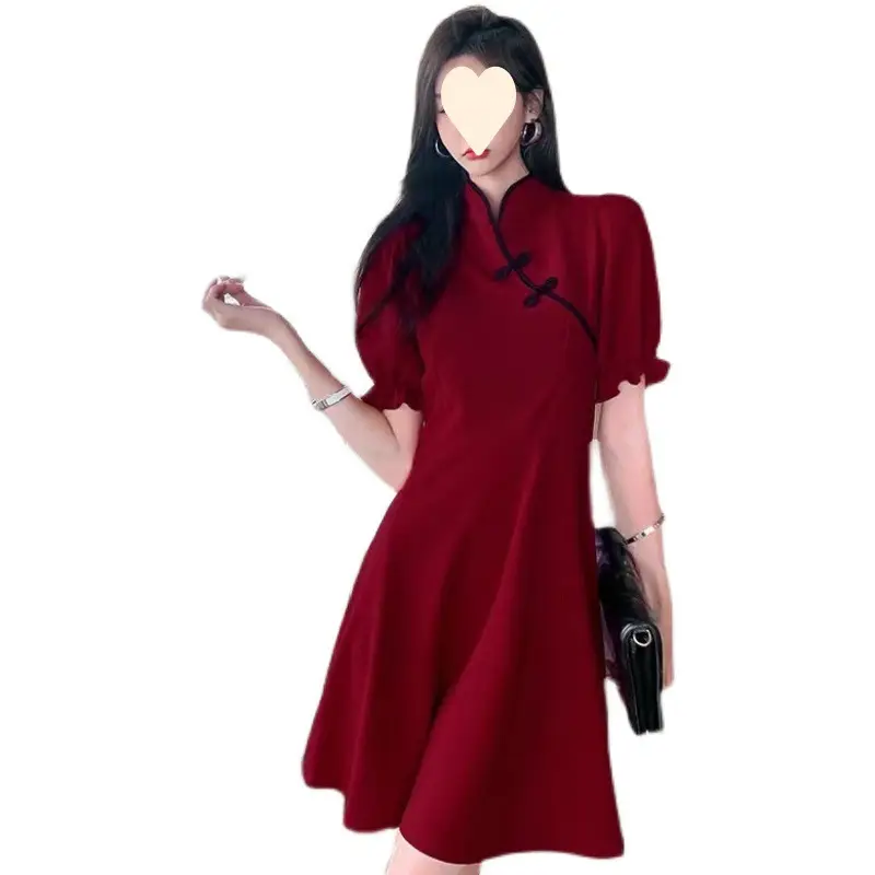 Black Cheongsam Dress Women Mid-Length Slimming Skirt Bubble Sleeve