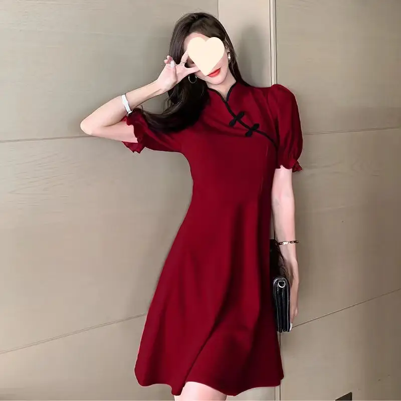 Black Cheongsam Dress Women Mid-Length Slimming Skirt Bubble Sleeve — feature 7