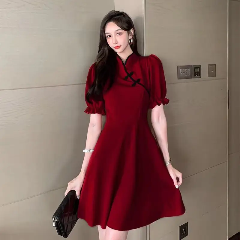 Black Cheongsam Dress Women Mid-Length Slimming Skirt Bubble Sleeve — feature 9