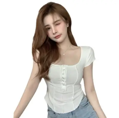 Women Light Blue U-Neck Slim Fit T-Shirt Summer 2025 - Image 4
