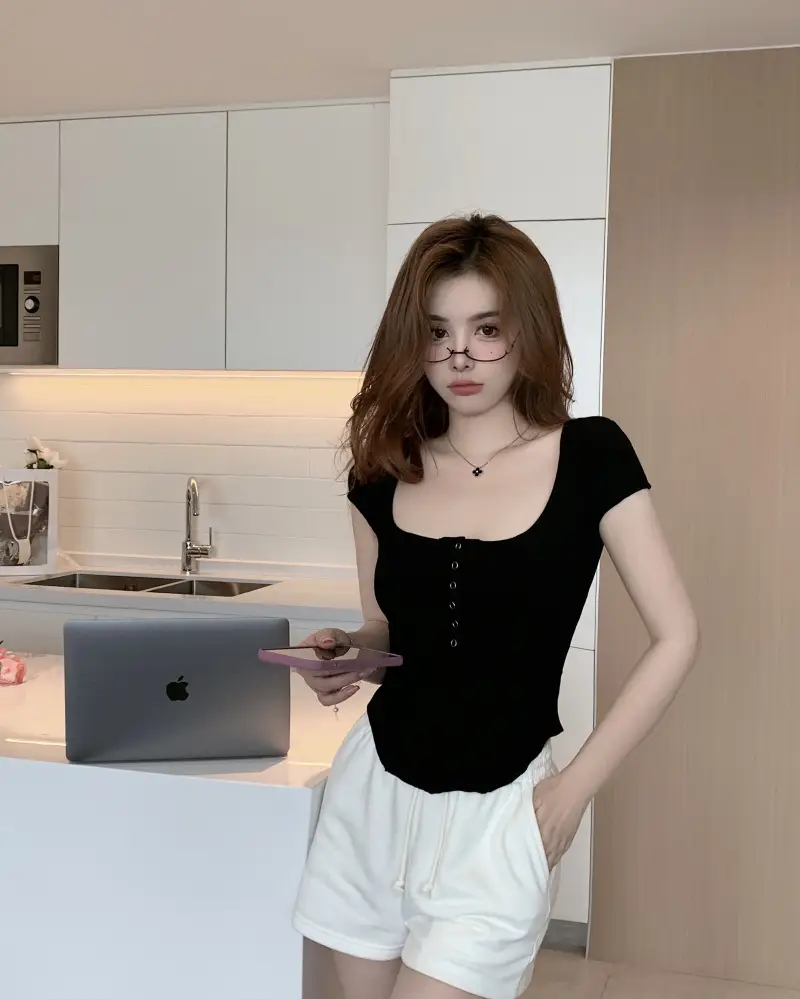 Women Light Blue U-Neck Slim Fit T-Shirt Summer 2025 — feature 11