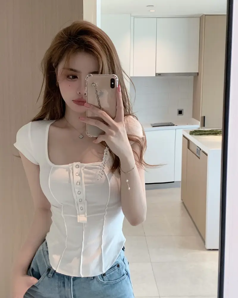 Women Light Blue U-Neck Slim Fit T-Shirt Summer 2025 — feature 4