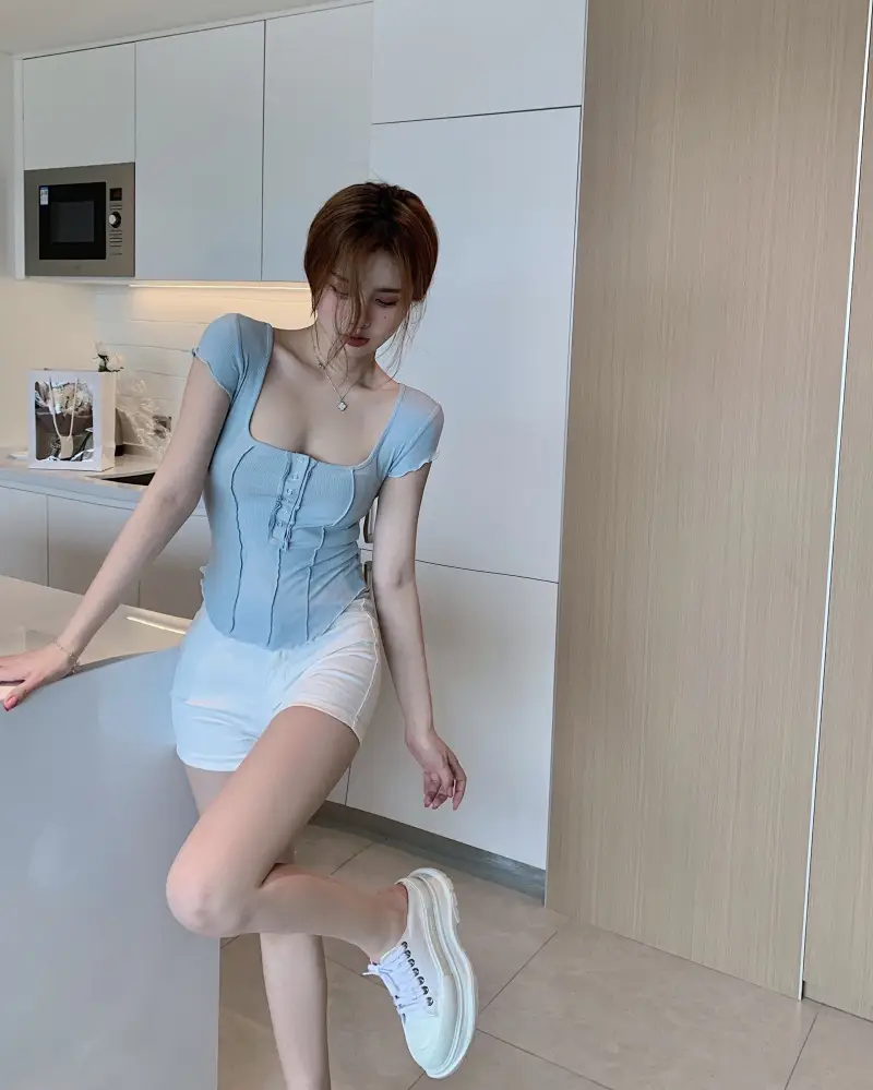 Women Light Blue U-Neck Slim Fit T-Shirt Summer 2025 — feature 8
