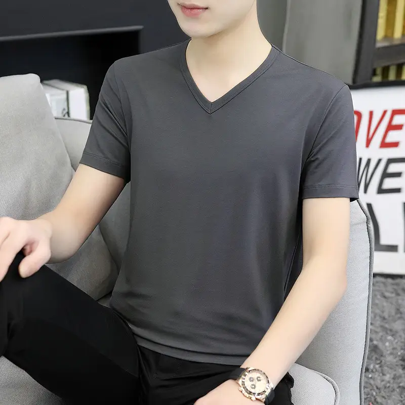 Men 60s Blue V-Neck Cotton T-Shirt Short Sleeve