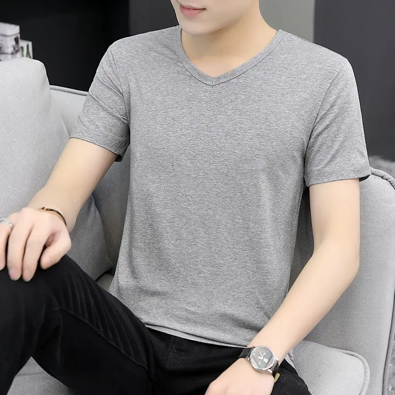 Men 60s Blue V-Neck Cotton T-Shirt Short Sleeve
