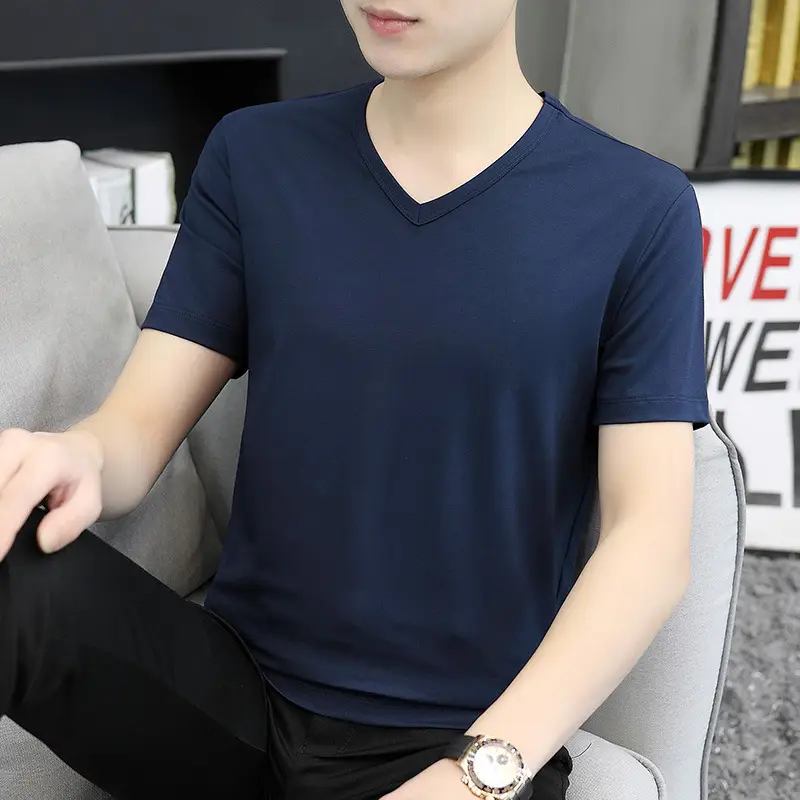 Men 60s Blue V-Neck Cotton T-Shirt Short Sleeve