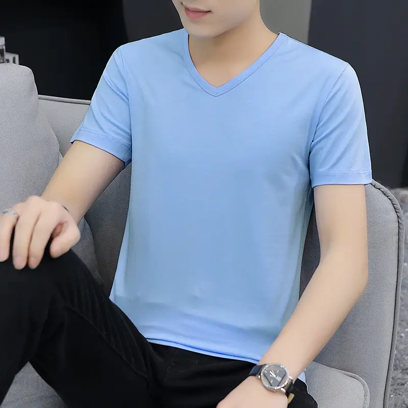Men 60s Blue V-Neck Cotton T-Shirt Short Sleeve
