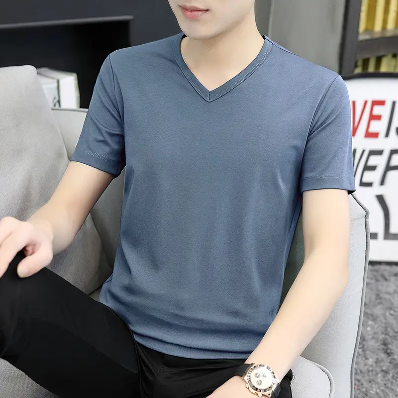 Men 60s Blue V-Neck Cotton T-Shirt Short Sleeve