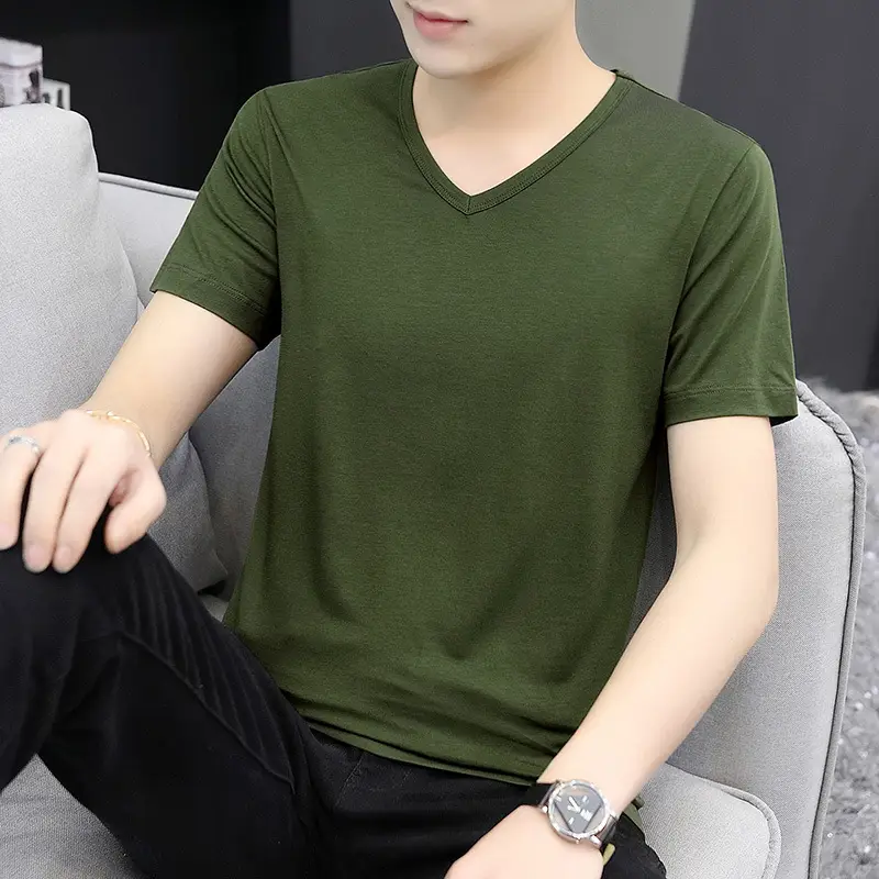 Men 60s Blue V-Neck Cotton T-Shirt Short Sleeve