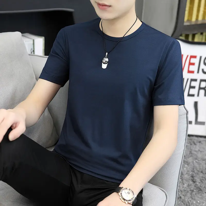 Men 60s Blue V-Neck Cotton T-Shirt Short Sleeve