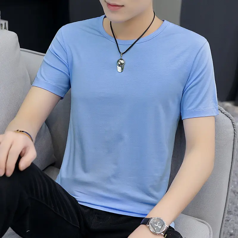 Men 60s Blue V-Neck Cotton T-Shirt Short Sleeve