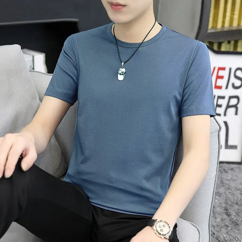 Men 60s Blue V-Neck Cotton T-Shirt Short Sleeve