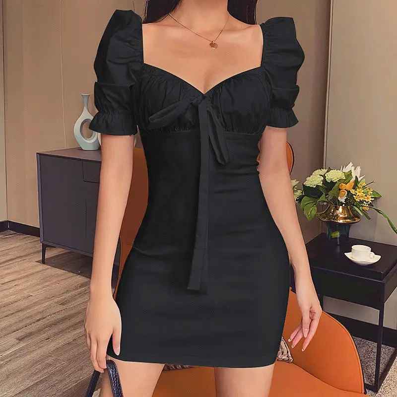 Black French Style Puff Sleeve Tie-Up Dress