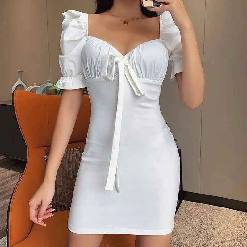 Black French Style Puff Sleeve Tie-Up Dress