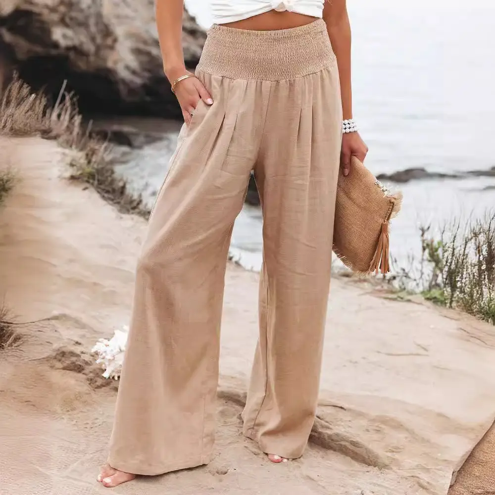 Women White Wide Leg Hemp Pants Casual Summer