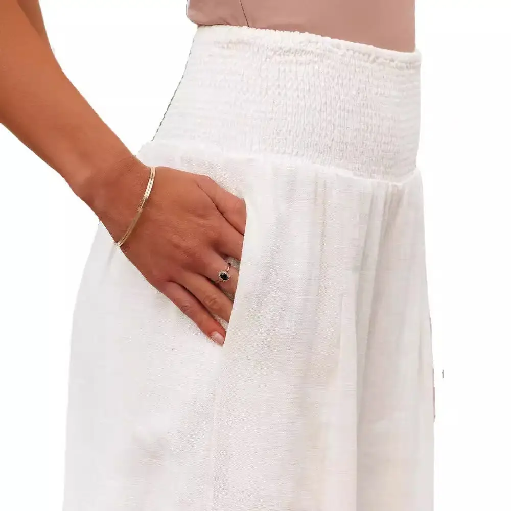 Women White Wide Leg Hemp Pants Casual Summer