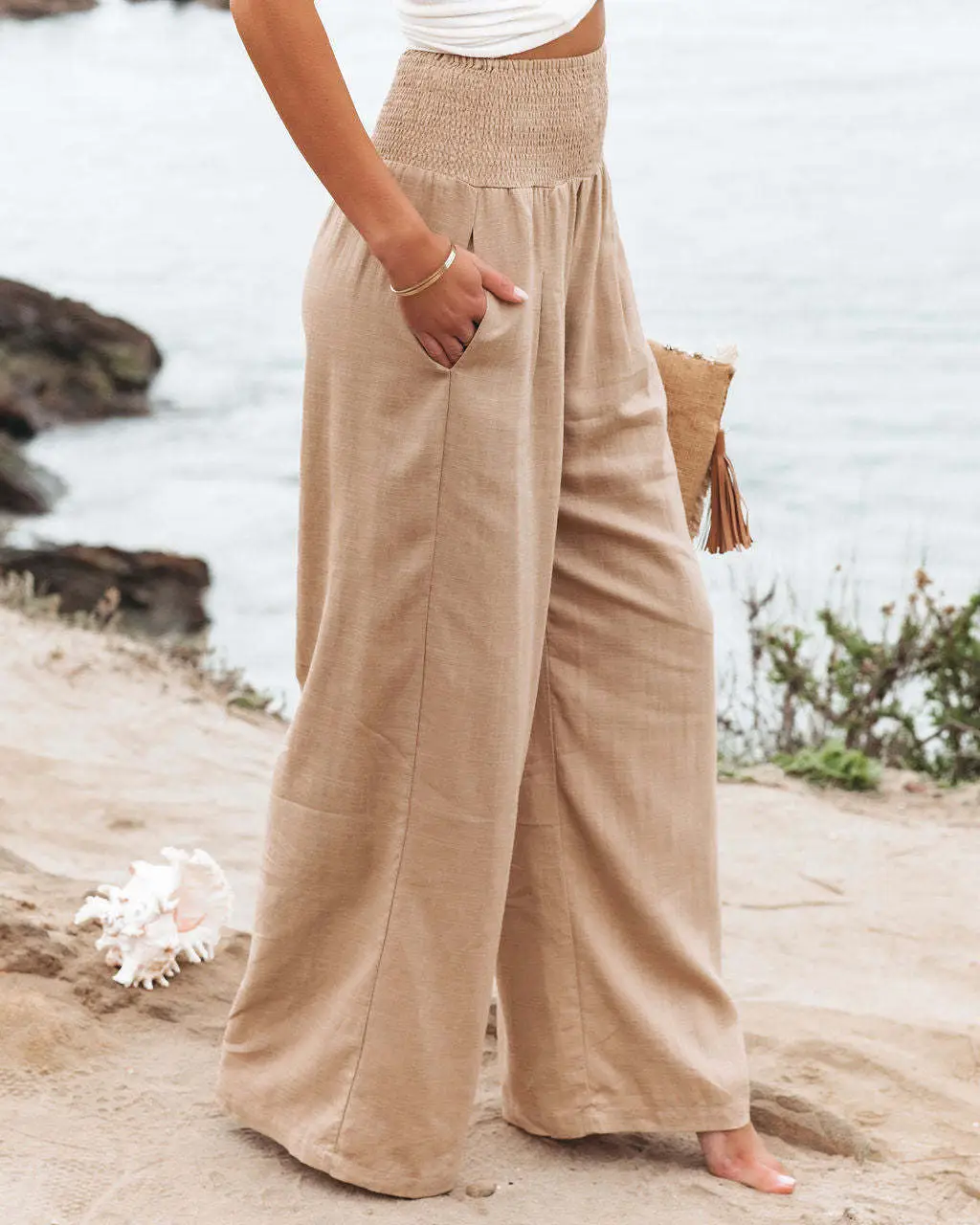 Women White Wide Leg Hemp Pants Casual Summer — feature 10