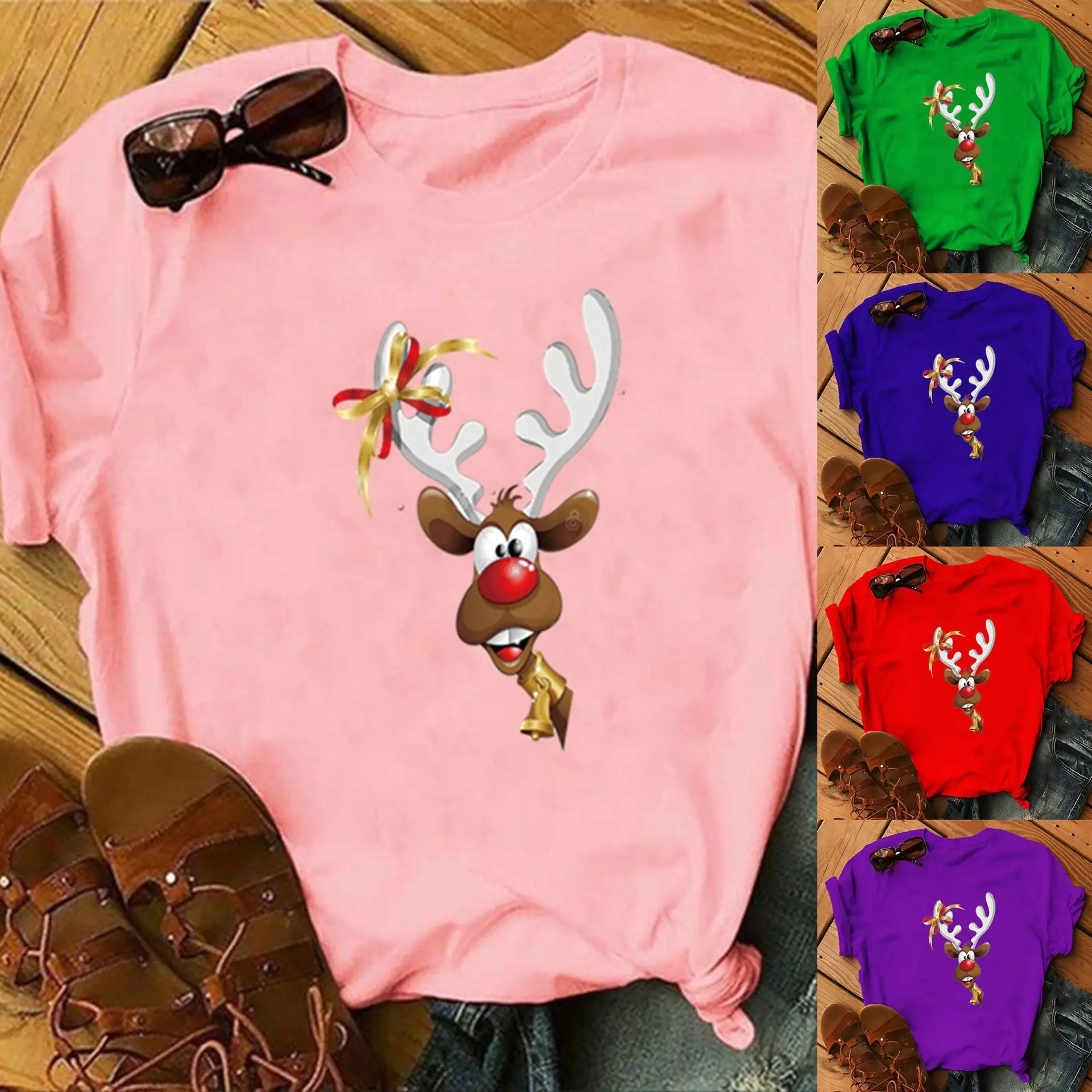 Women Blue Deer Print T-Shirt 2020 Christmas - Image 18