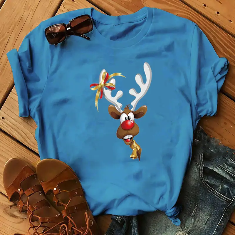 Women Blue Deer Print T-Shirt 2020 Christmas - Image 19
