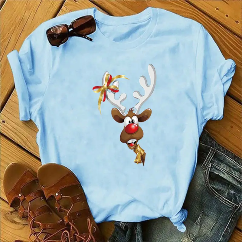 Women Blue Deer Print T-Shirt 2020 Christmas - Image 16