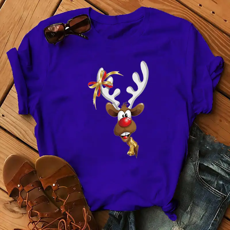 Women Blue Deer Print T-Shirt 2020 Christmas - Image 8