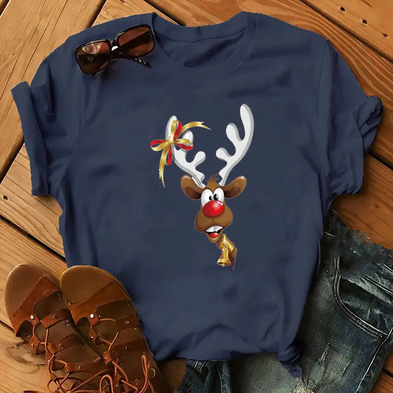 Women Blue Deer Print T-Shirt 2020 Christmas - Image 9