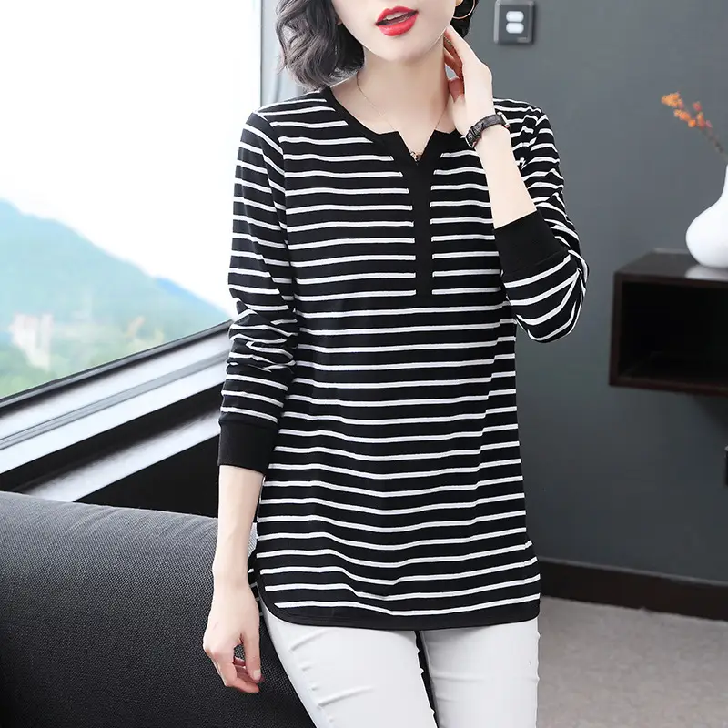 Black Striped Long Sleeve T-Shirt for Women - Image 3