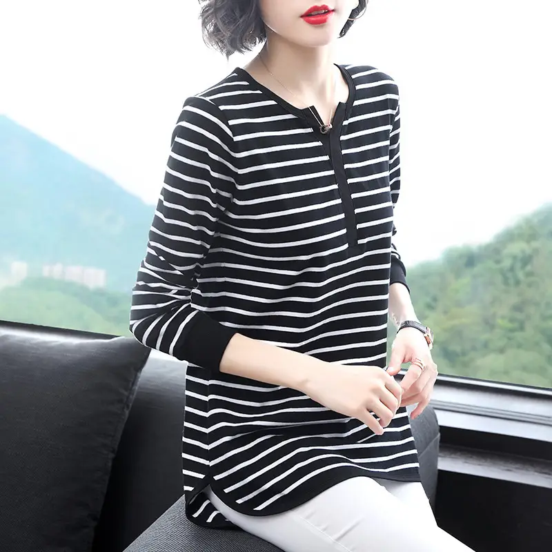 Black Striped Long Sleeve T-Shirt for Women - Image 5