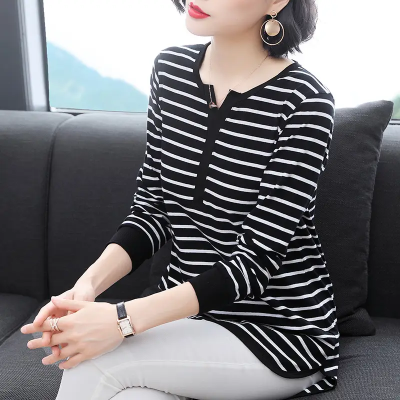 Black Striped Long Sleeve T-Shirt for Women - Image 6