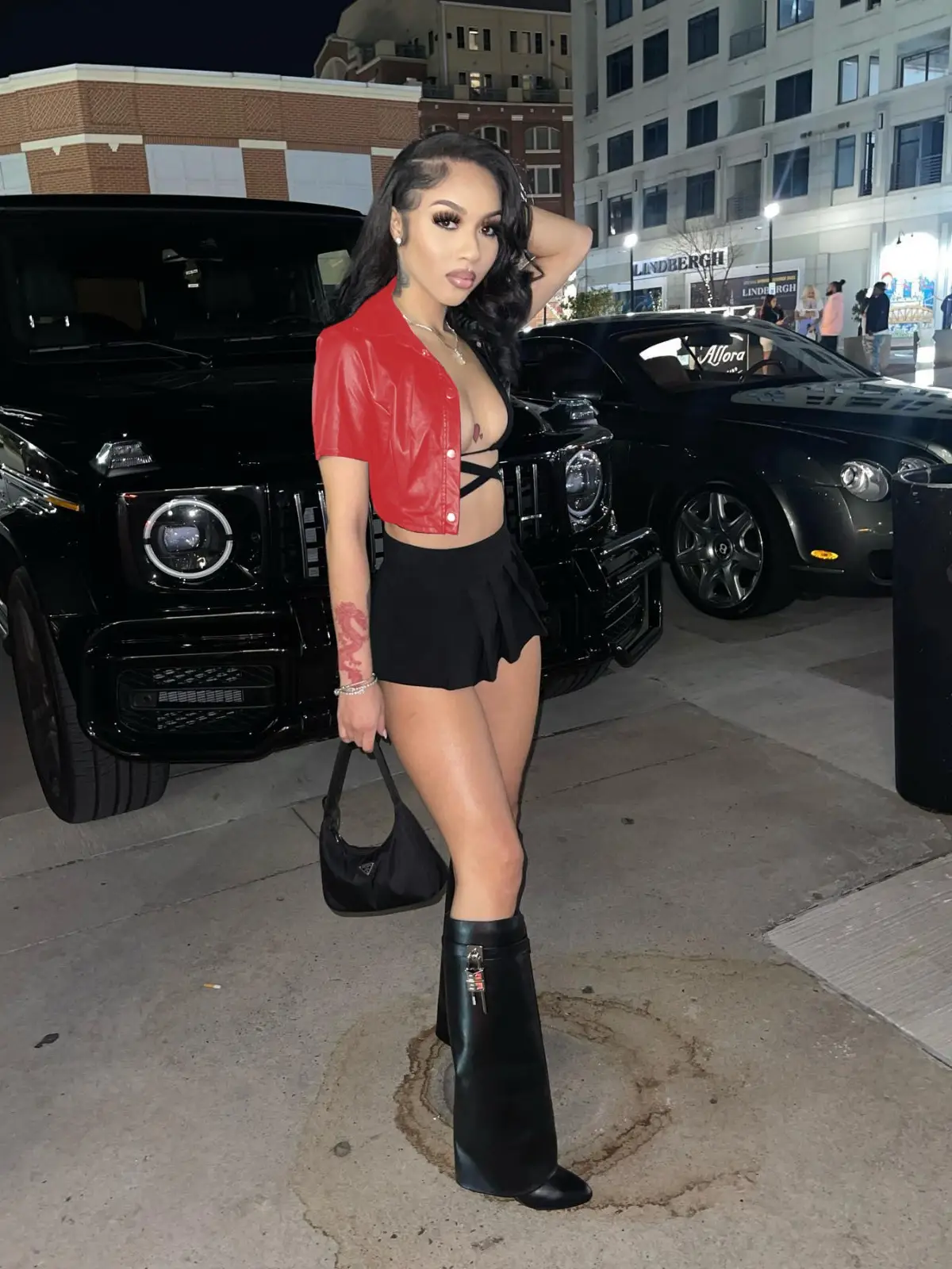Black Leather Short Sleeve Skirt & Knee High Boots Set - Image 5