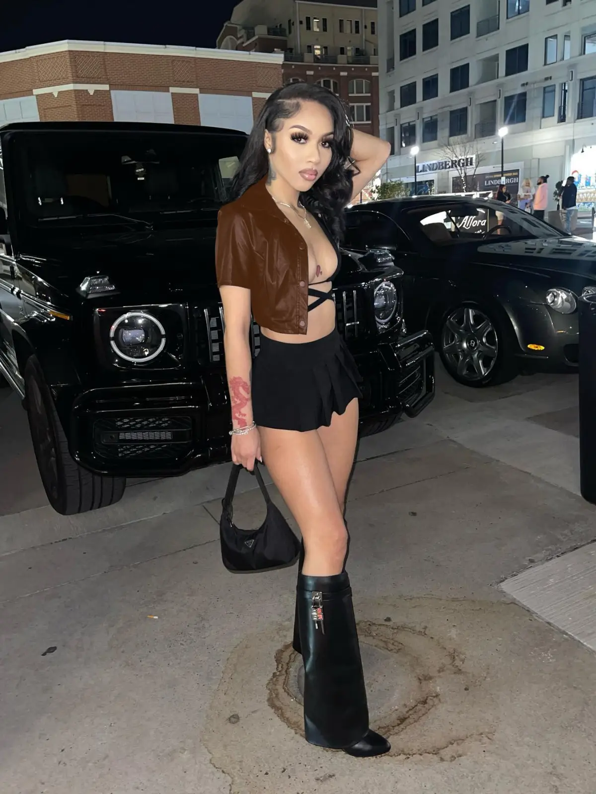 Black Leather Short Sleeve Skirt & Knee High Boots Set - Image 6