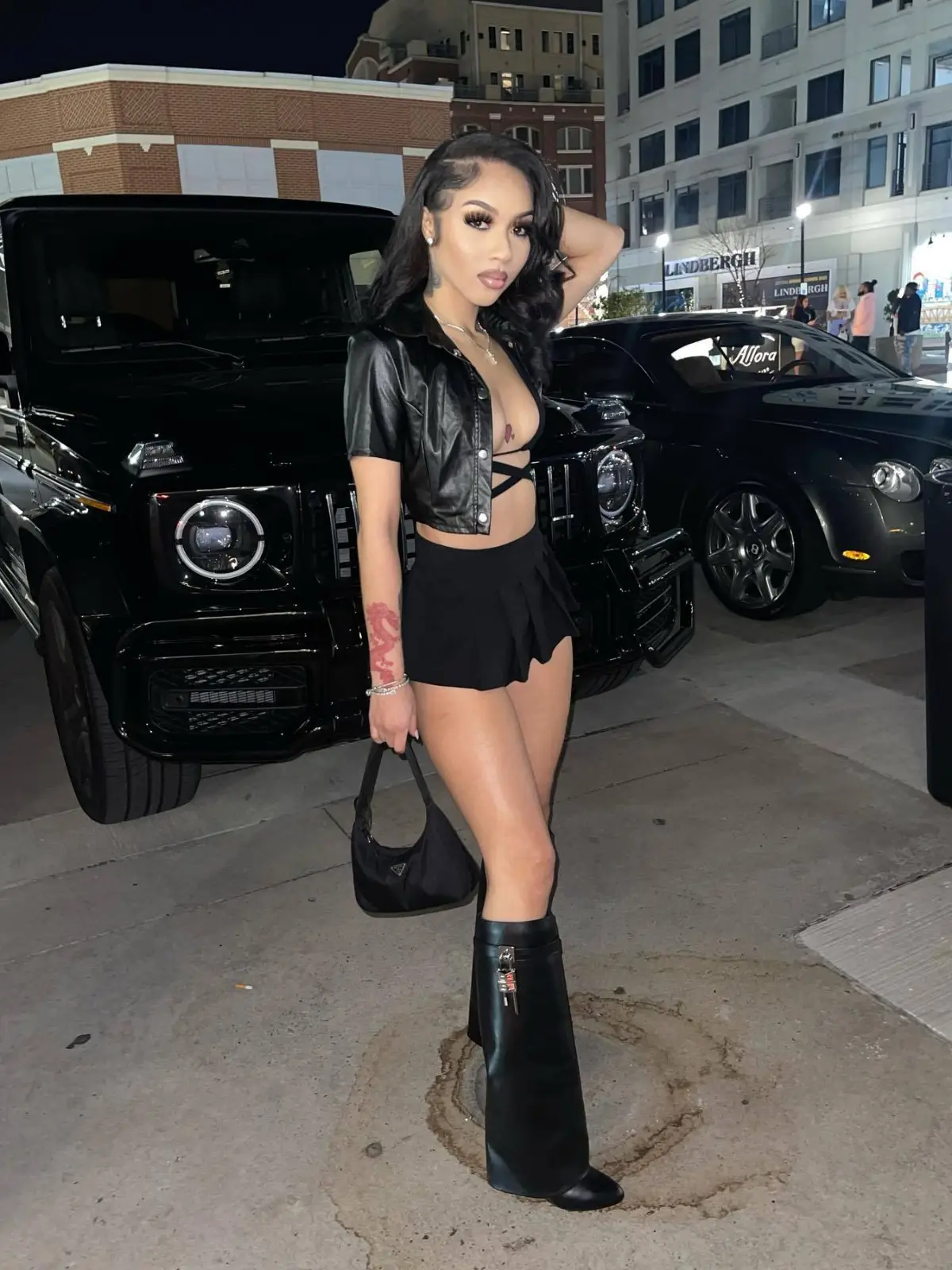 Black Leather Short Sleeve Skirt & Knee High Boots Set - Image 7