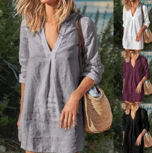 Women V-Neck Long Sleeve Dress Maroon 2024 - Image 4