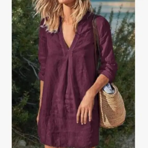 Women V-Neck Long Sleeve Dress Maroon 2024 - Image 6