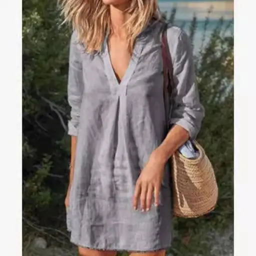Women V-Neck Long Sleeve Dress Maroon 2024 - Image 7