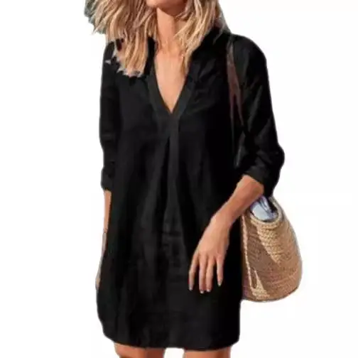 Women V-Neck Long Sleeve Dress Maroon 2024 - Image 8